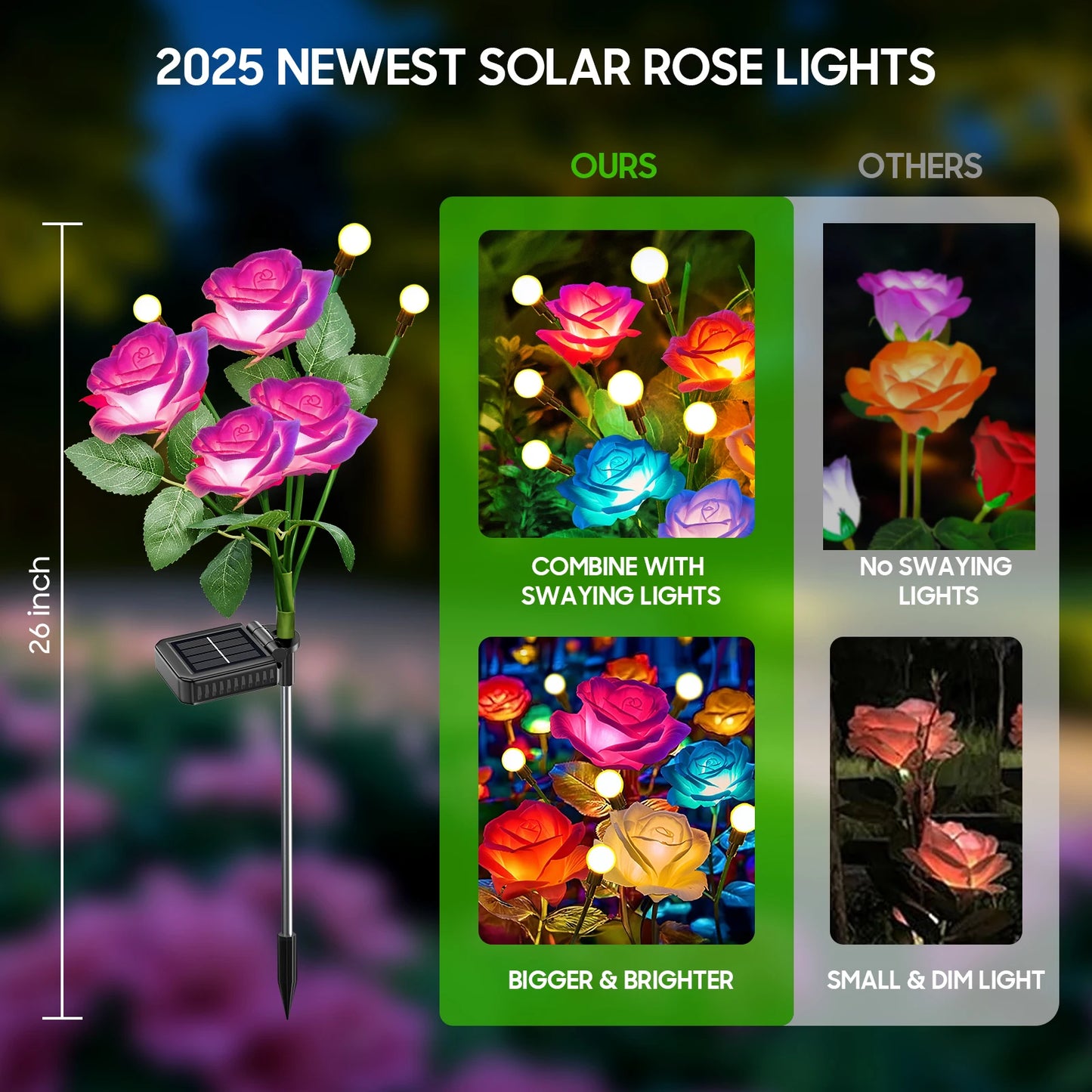 2 or 4 Pack Solar Rose and Firefly Swing Lights 7 Color Changing Outdoor Solar Lights for Garden Patio Holiday Decor and Gifts