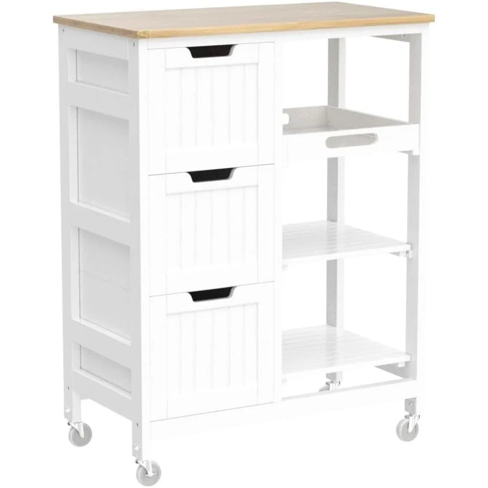 Kitchen Island Cart on Wheels with Bamboo Countertop Rolling Serving Utility Trolley Cart with 3 Drawers and 3 Removable Shelves