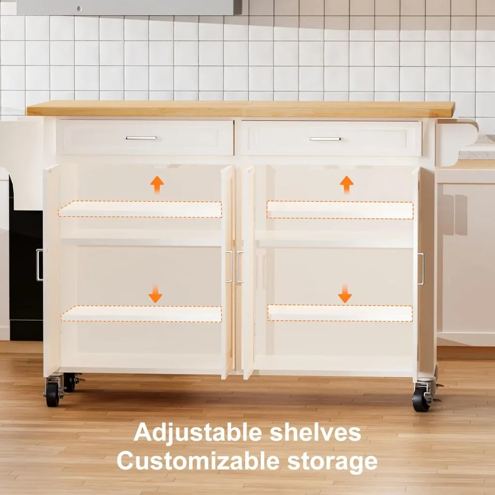 Kitchen Island With Storage 54 Inch Large Rolling Kitchen Island Cart On Wheels 2 Cabinets 2 Drawers Spice Towel Rack Mobile Kitchen