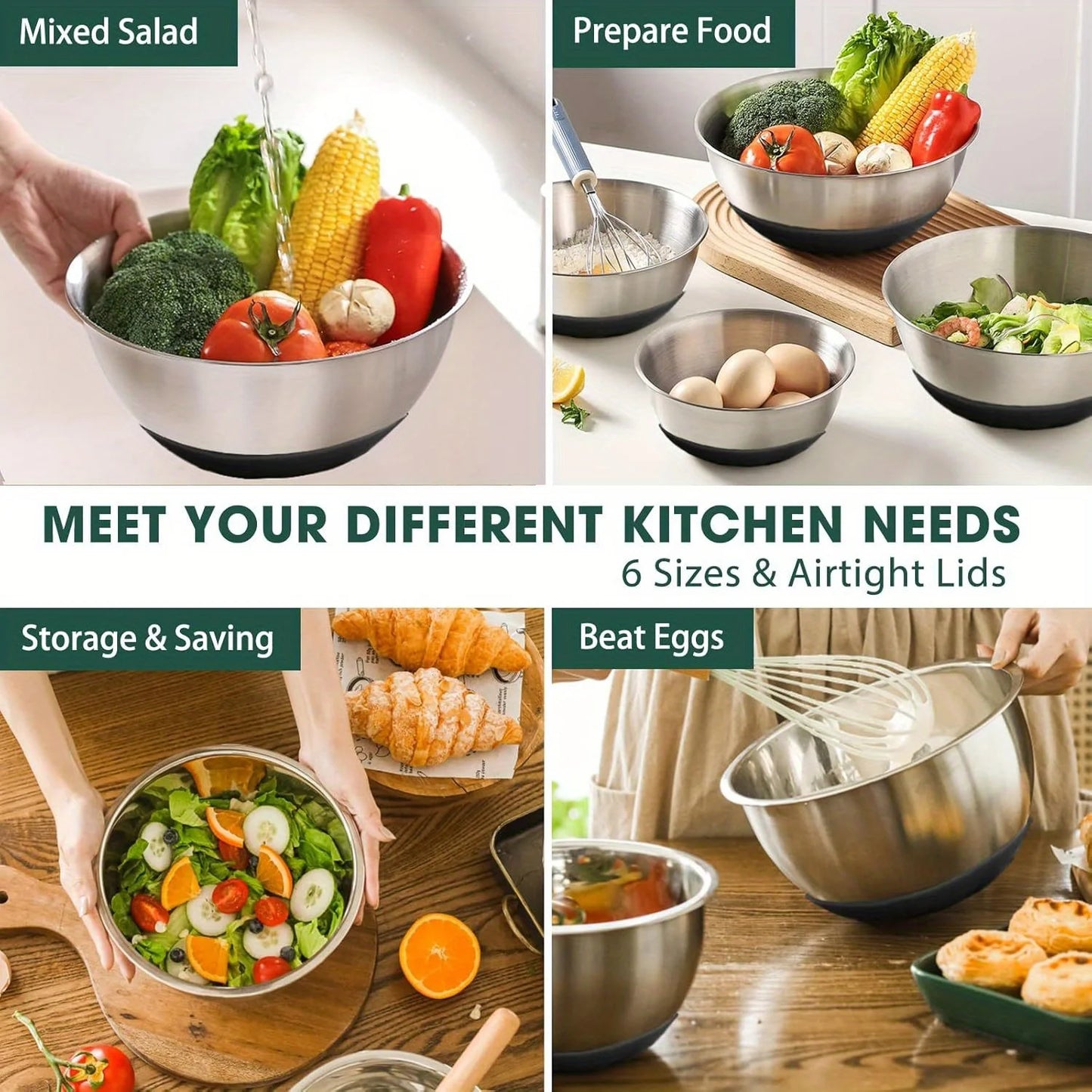 Mixing Bowls with Airtight Lids 6 Piece Stainless Steel Set