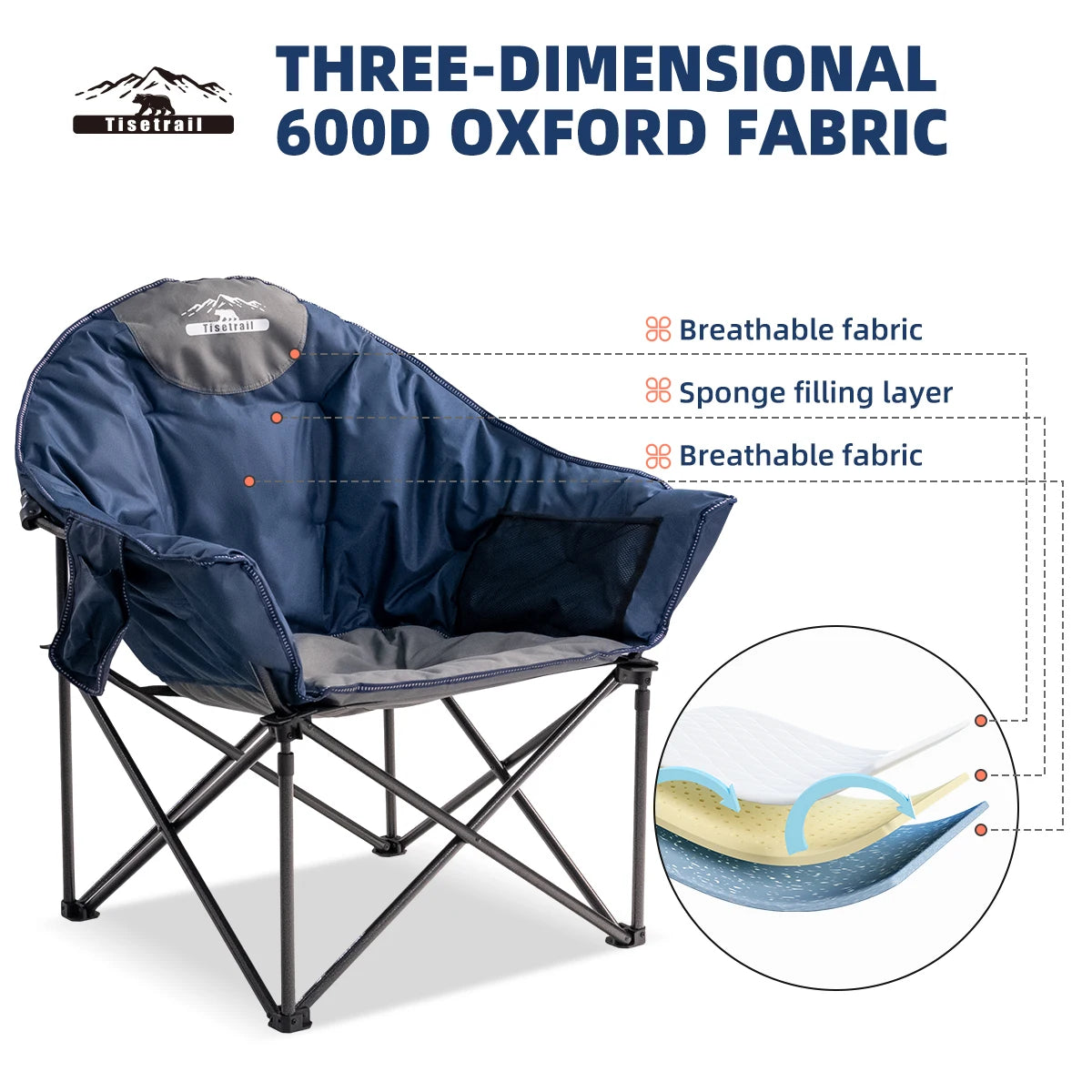 Tisetrail Oversized Camping Chair Padded Moon Round Saucer Chair with Cup Holder Folding Comfy Sofa Chair Blue and Gray