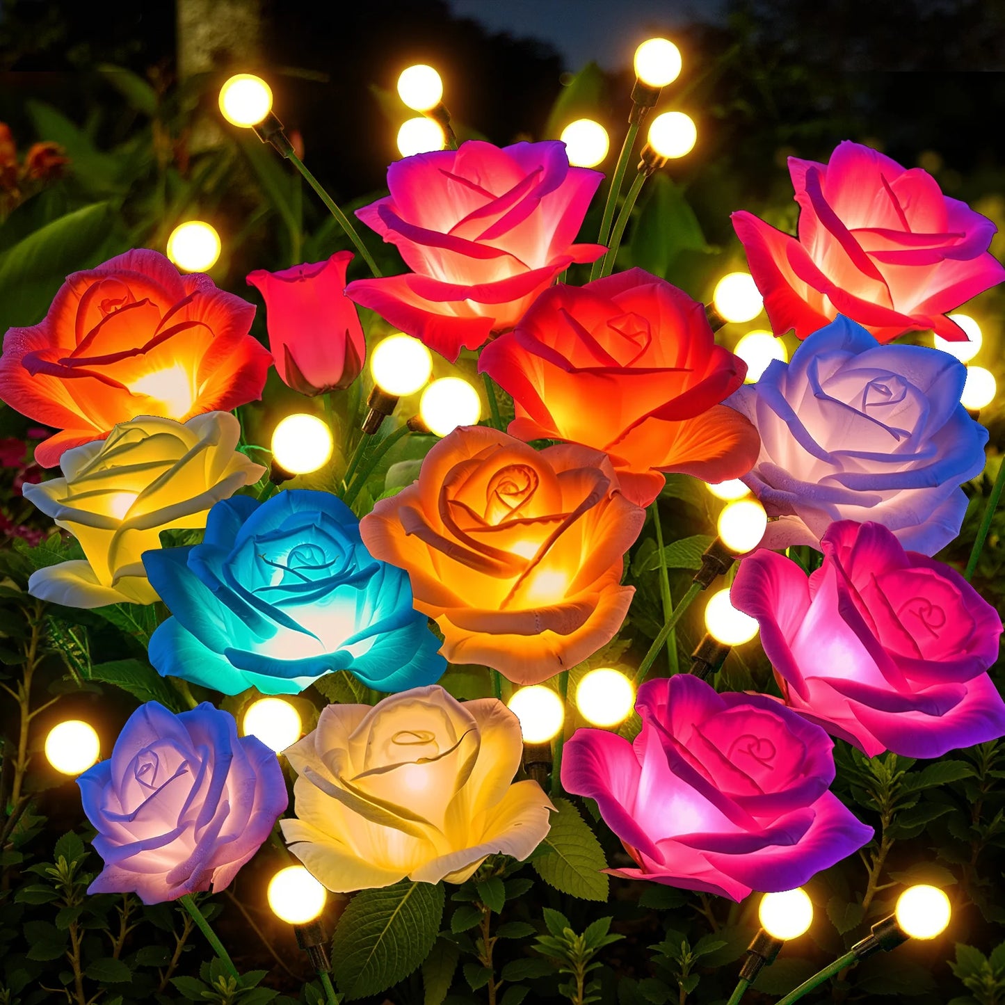 2 or 4 Pack Solar Rose and Firefly Swing Lights 7 Color Changing Outdoor Solar Lights for Garden Patio Holiday Decor and Gifts