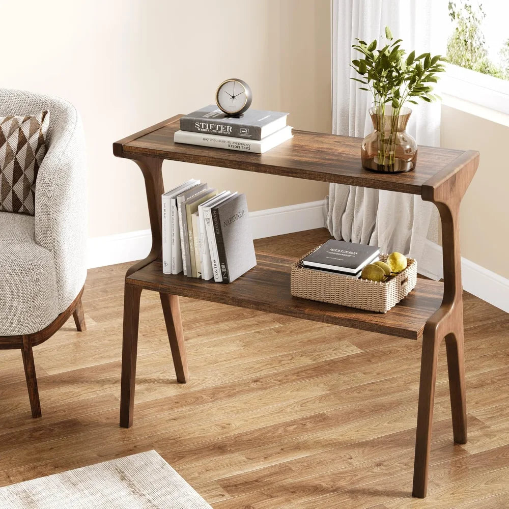 Set of 2 Narrow End Tables for Living Room 2-Tier Slim Side Table with Solid Wood Legs Farmhouse Tall End Table with Storage Shelf