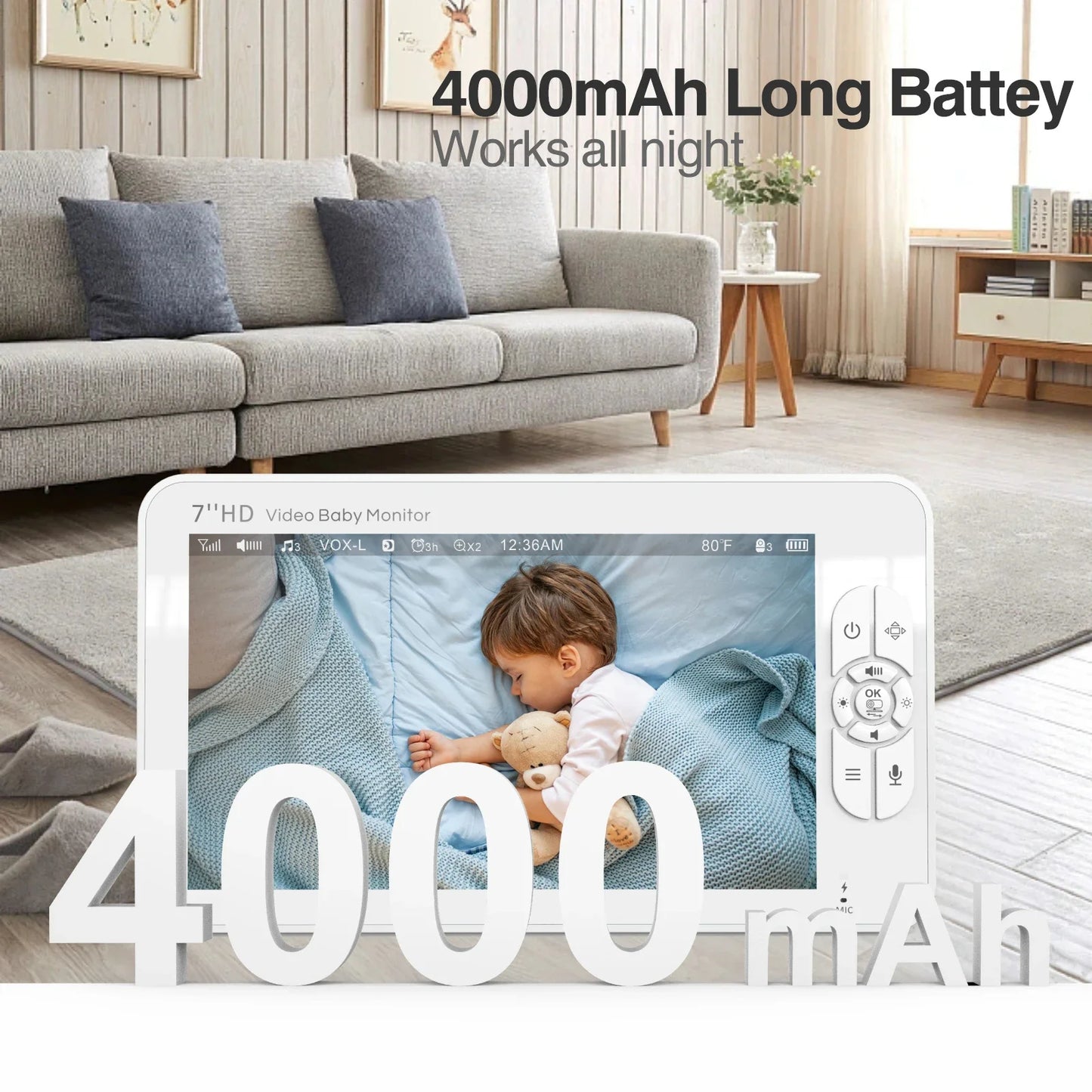 Babystar 7 Inch HD Split Screen Video Baby Monitor No WiFi Baby Camera Monitor Hack Proof Remote Zoom Pan Tilt 4000mAh Battery