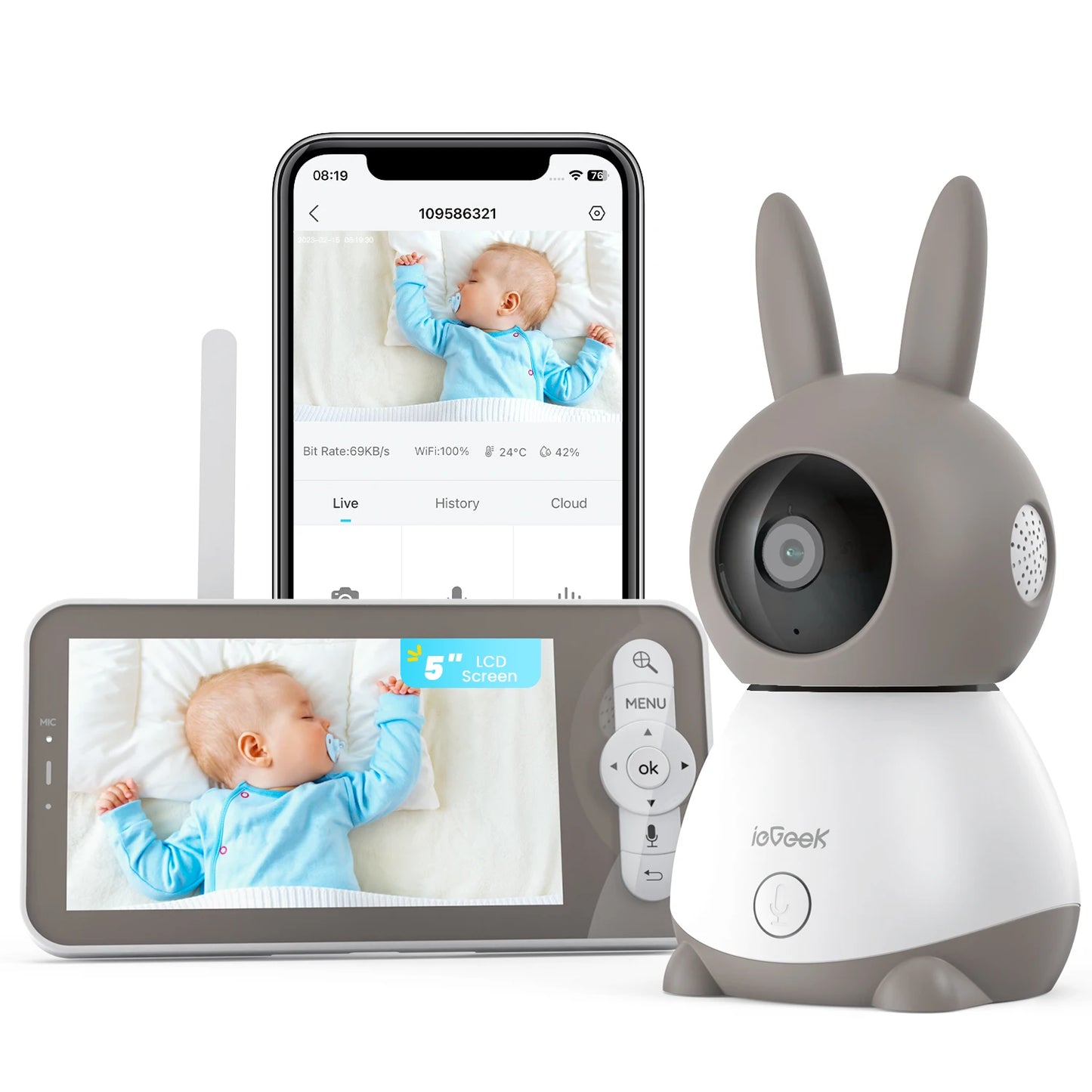 IeGeek 5 Inch 2K 3MP Baby Surveillance Camera 360 Degree PTZ Baby Monitor with Dual Screen Preview and Motion Detection