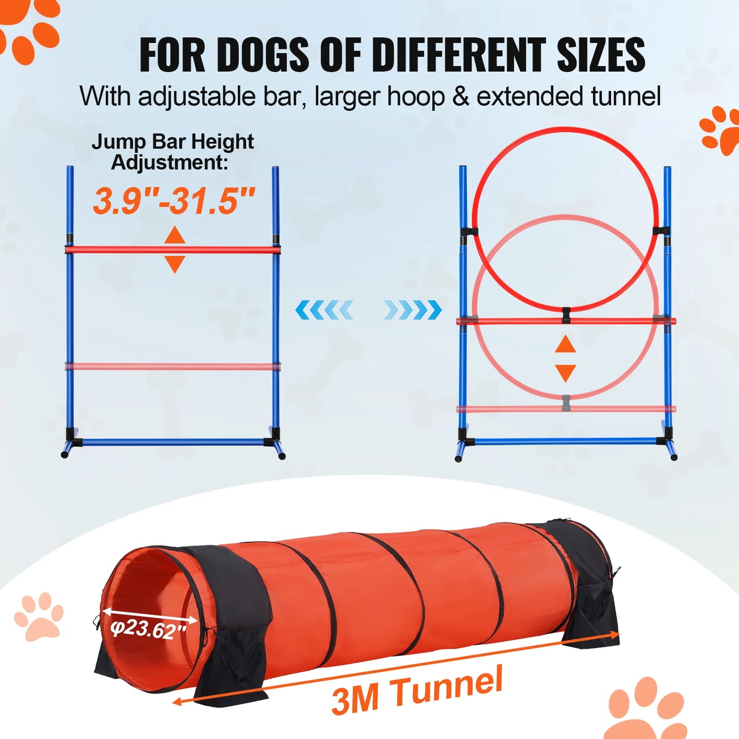 VEVOR Dog Agility Training Equipment 5 Piece Set Adjustable Hurdles Extended Tunnel Puppy Obstacle Course Kit with Bag
