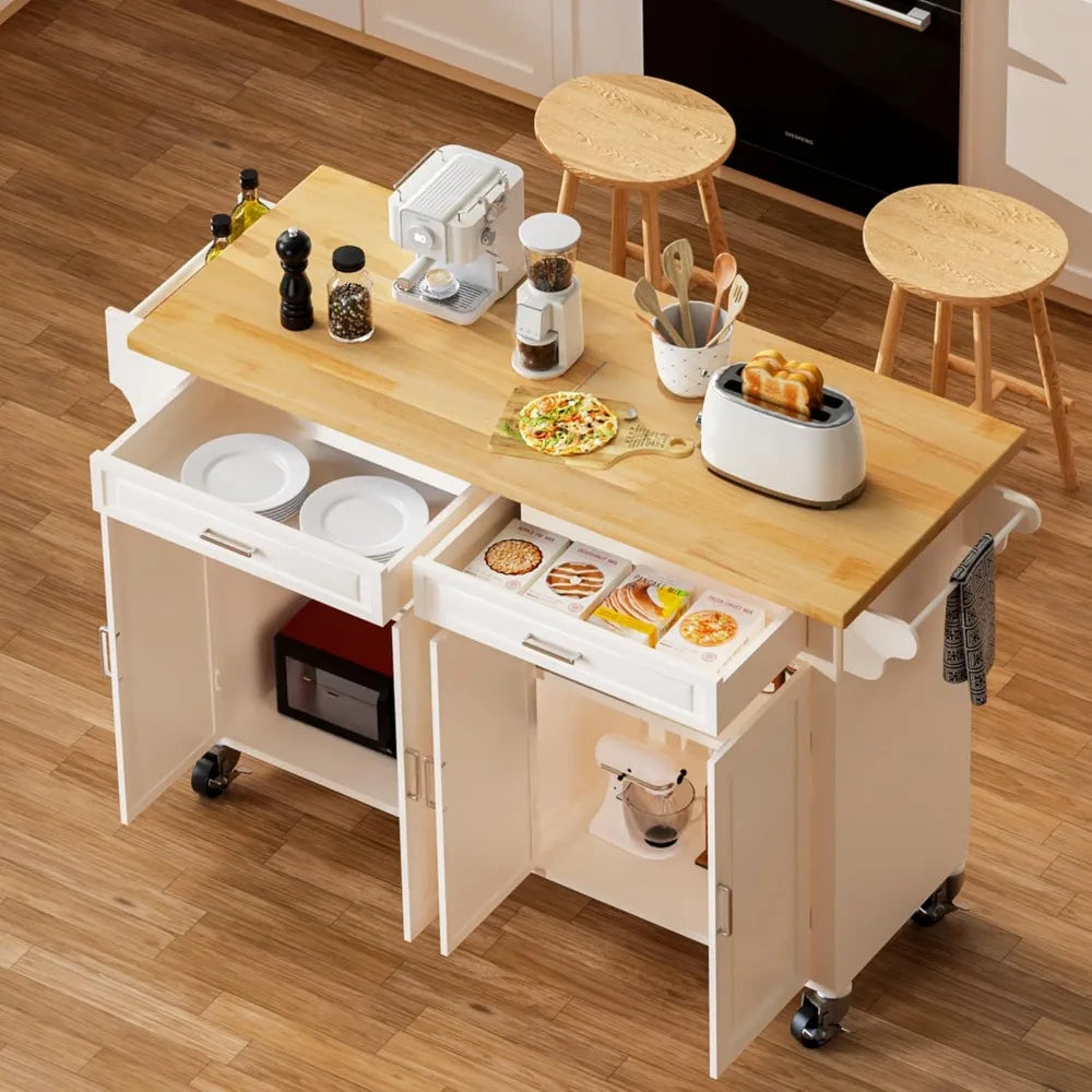 Kitchen Island With Storage 54 Inch Large Rolling Kitchen Island Cart On Wheels 2 Cabinets 2 Drawers Spice Towel Rack Mobile Kitchen