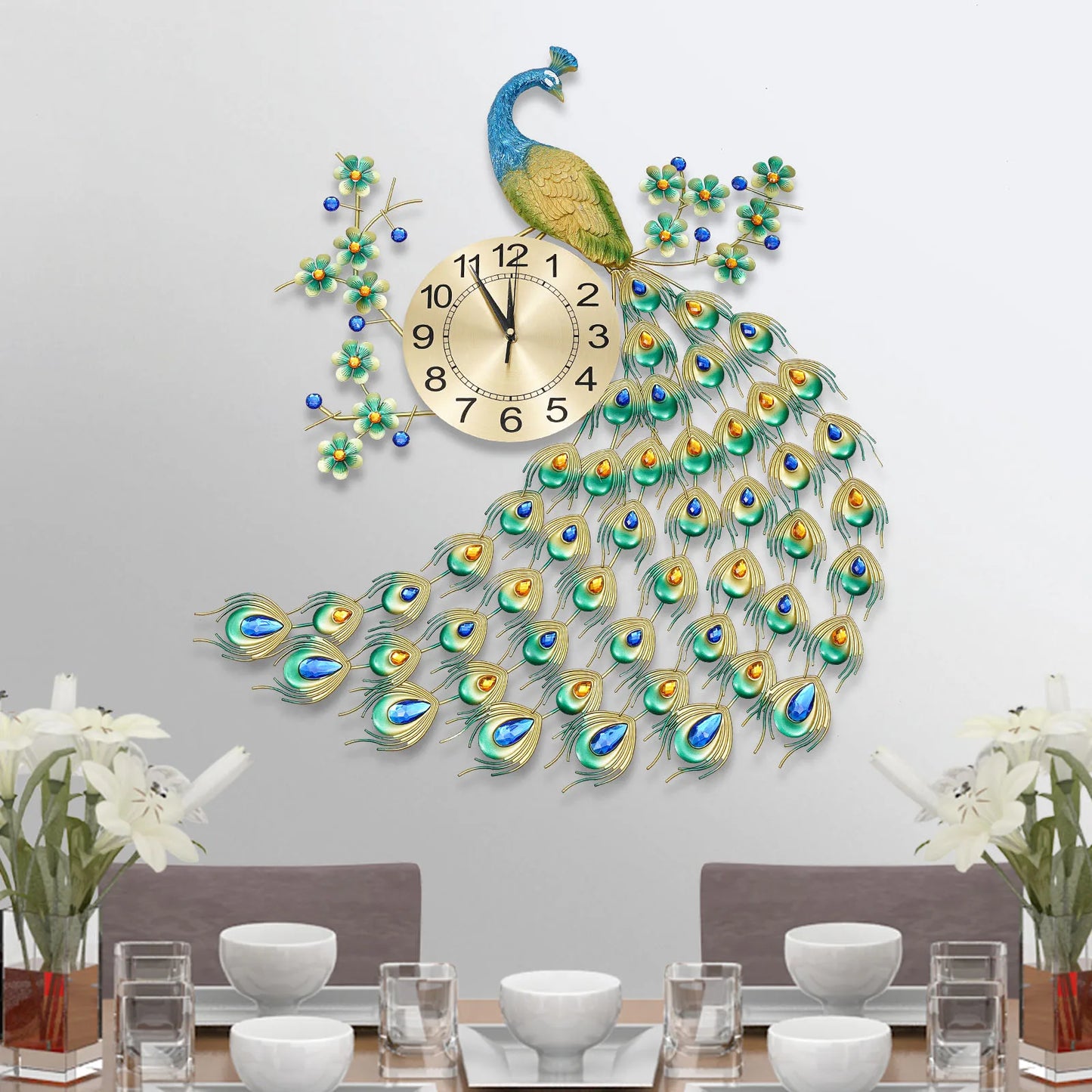 Luxury Peacock Wall Clock 3D Art Metal Silent Quartz Decor