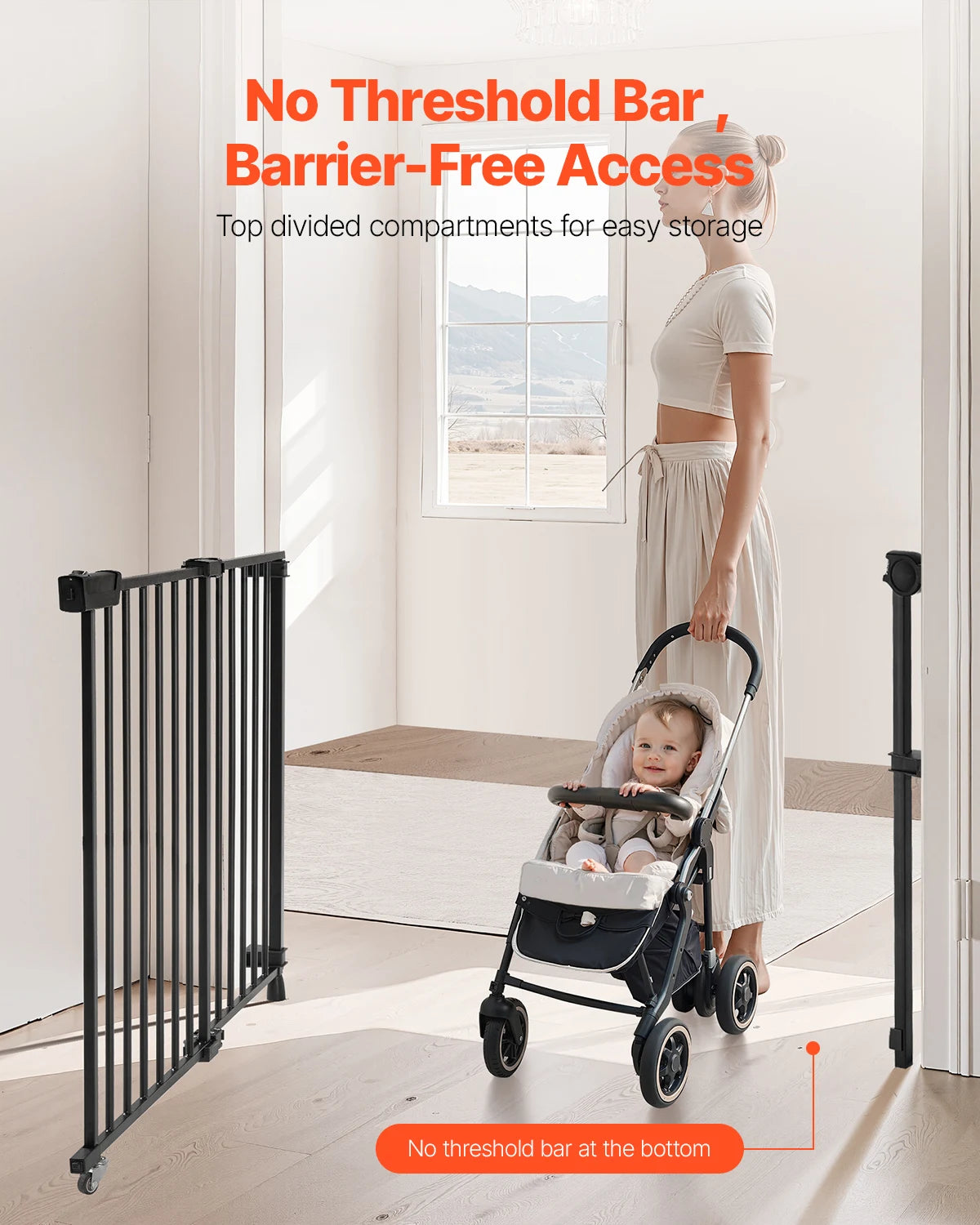 Vevor Baby Gate 29.5 to 43 Inches Adjustable Width 28 Inches High Dog Gate No Threshold Bar Easy Step Walk for Child and Pet Security