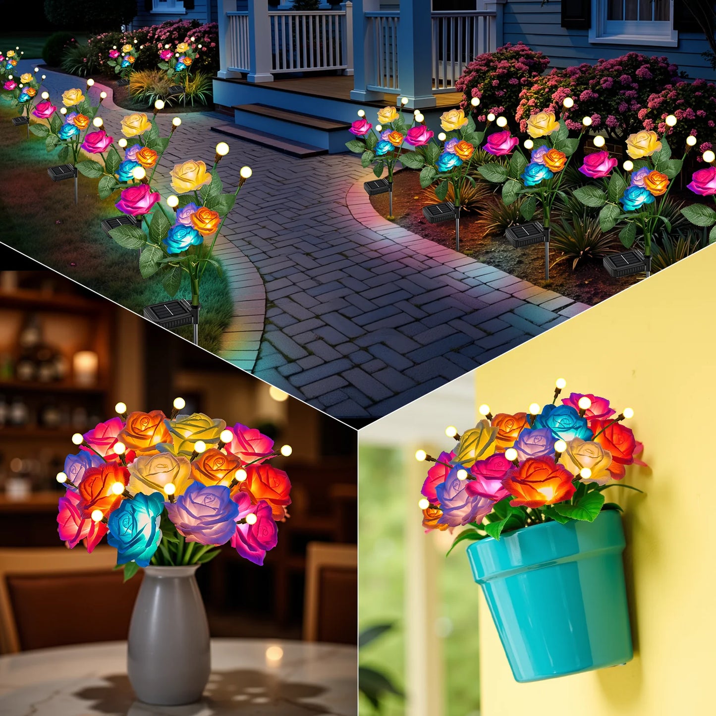 2 or 4 Pack Solar Rose and Firefly Swing Lights 7 Color Changing Outdoor Solar Lights for Garden Patio Holiday Decor and Gifts