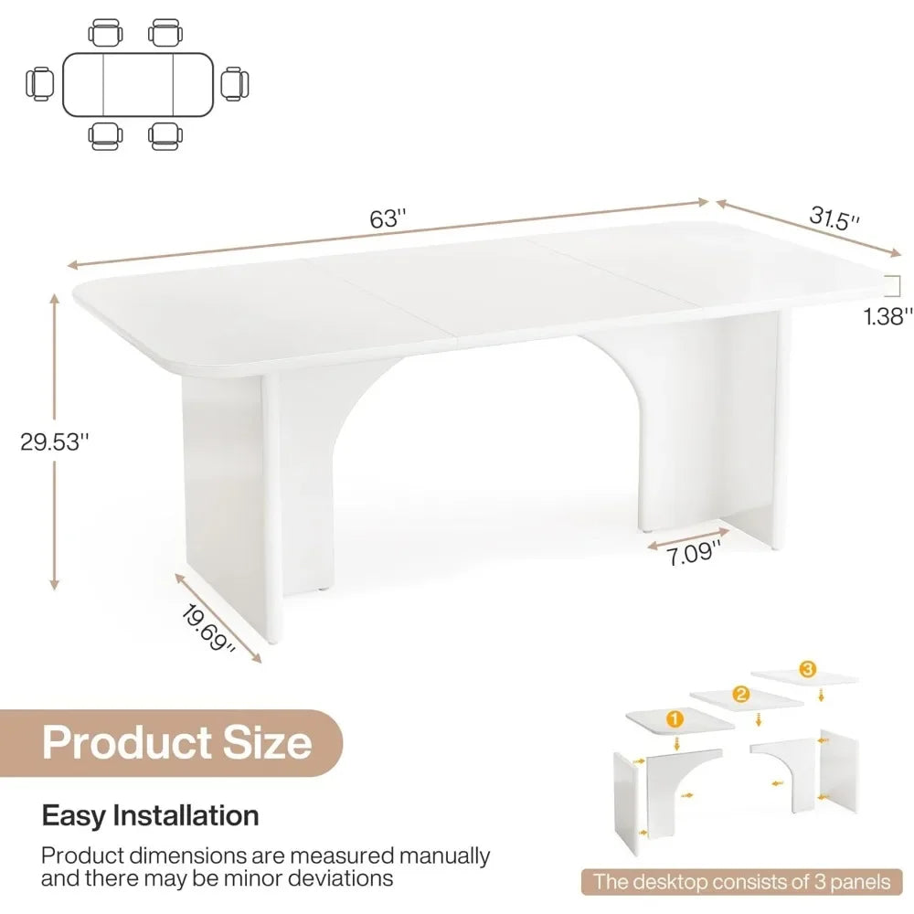 Modern Dining Table for 4 to 6 People Large Rectangle Kitchen Table with Arch Design Legs Glossy White Finish