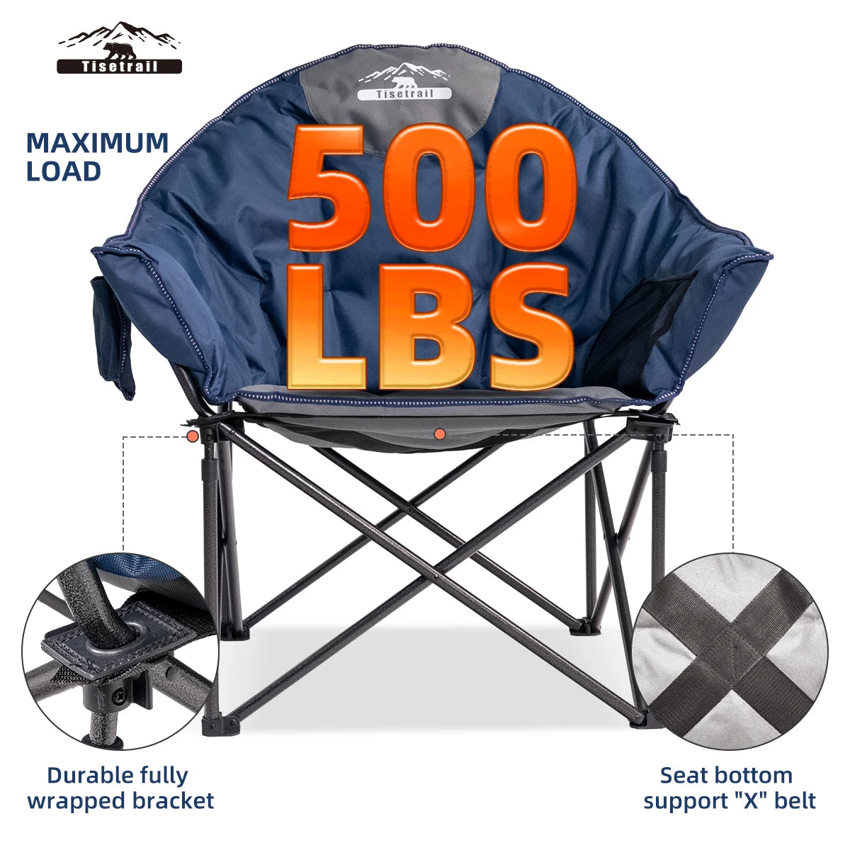 Tisetrail Oversized Camping Chair Padded Moon Round Saucer Chair with Cup Holder Folding Comfy Sofa Chair Blue and Gray
