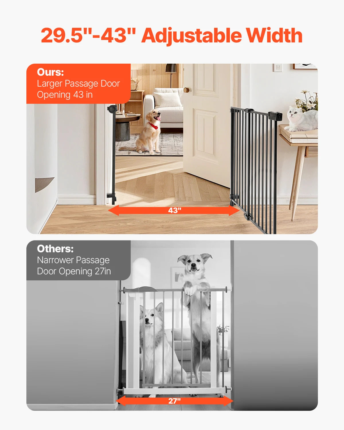 Vevor Baby Gate 29.5 to 43 Inches Adjustable Width 28 Inches High Dog Gate No Threshold Bar Easy Step Walk for Child and Pet Security