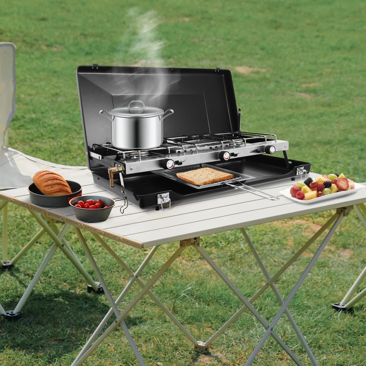 3-Burner Gas Camping Stove, Portable Camping Cooking Stove with Regulator, Outdoor Gas Stove for Car Camping BBQ