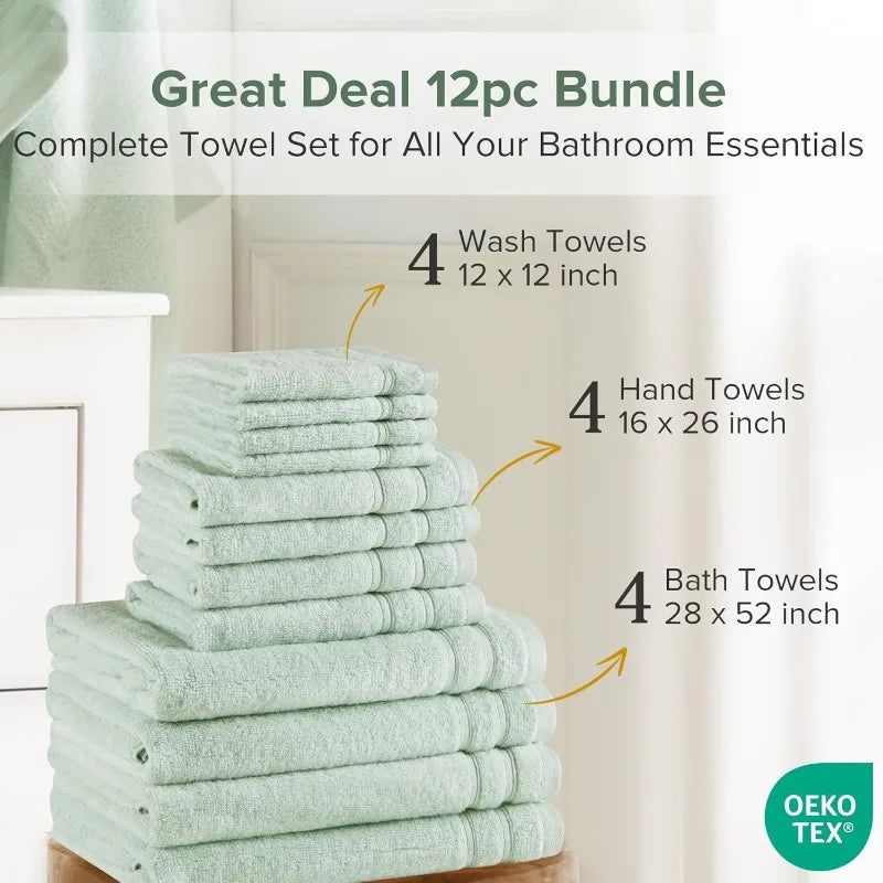 Luxury Bathroom Towel Set of 12 Piece 100% Cotton Towels