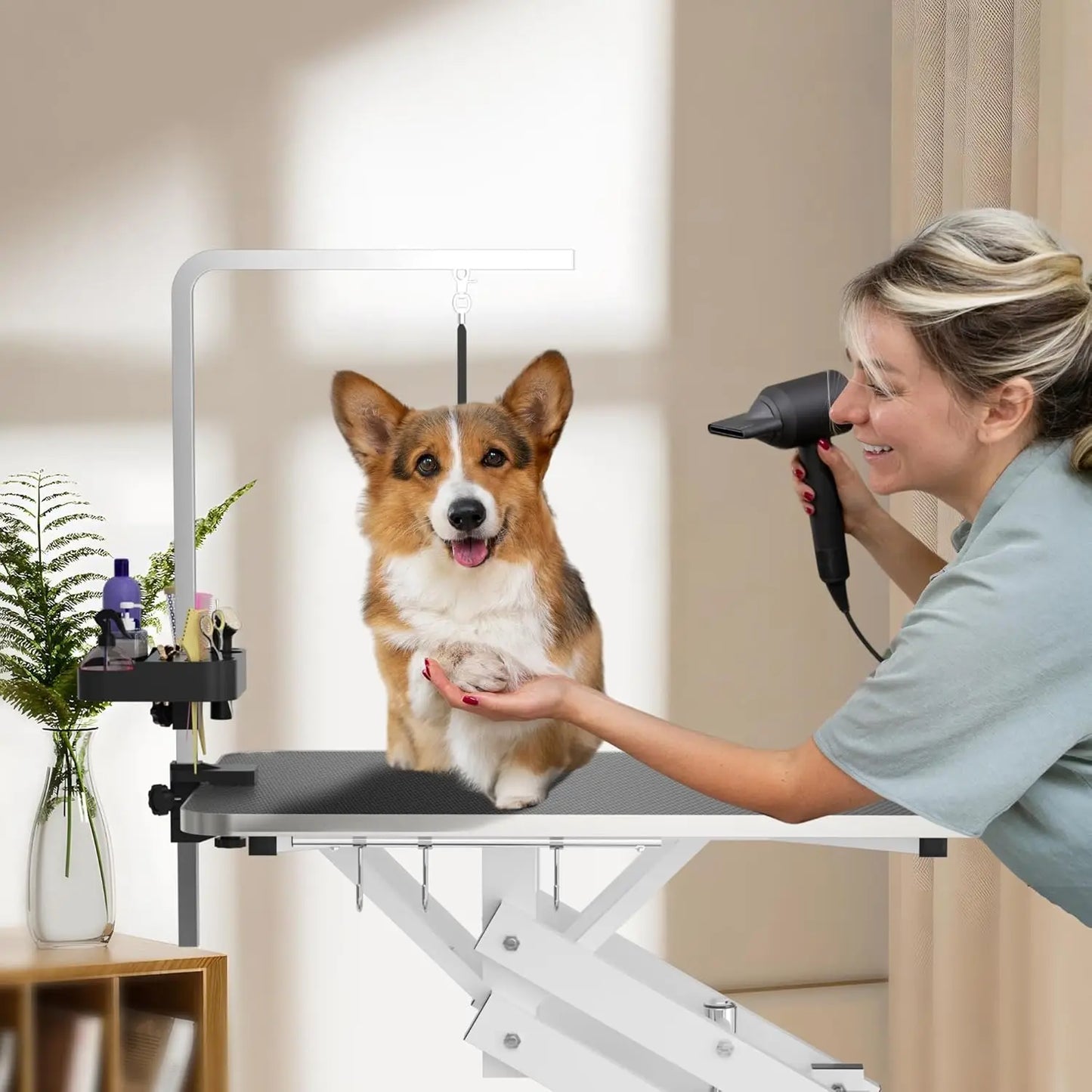 Hydraulic Pet Grooming Table with Anti Static Table Top Heavy Duty Z Lift Design Adjustable Height 21 to 36 Inches with Armrests and Leash Covers 330 Pounds Capacity